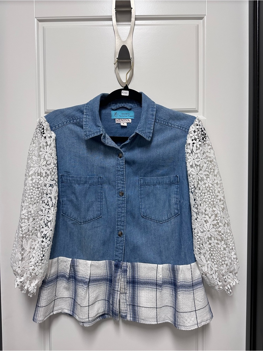 Upcycled Blue Chambray Shirt with White Lace Sleeves and Plaid Hem